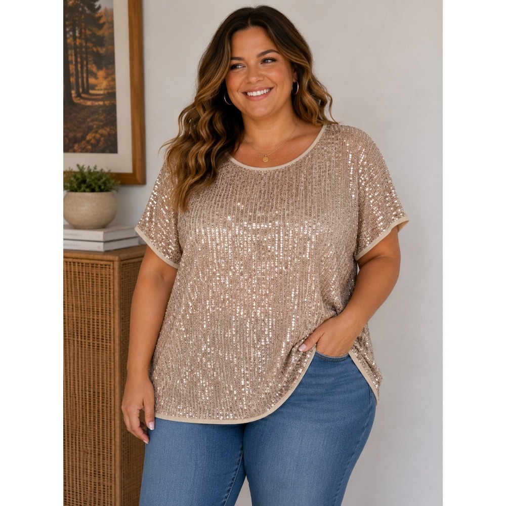 Talulah Womens 1X Rose Gold Champagne Sequin Short Sleeve Party Blouse T3846